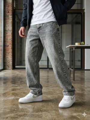 Modamesto Erkek Gri Baggy Fit Geniş Kesim Jean Pantolon