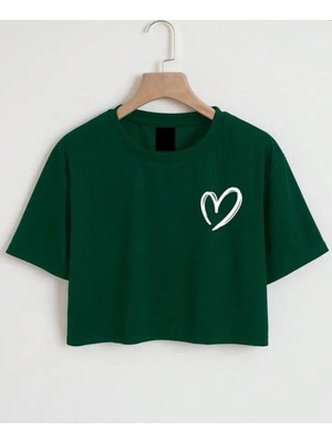 Nıgrum Pardus Özel Üretim Minik Kalp Baskılı %100 Pamuk Kız Çocuk Crop T-Shirt