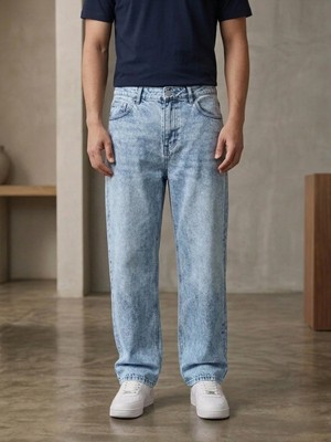 Modamesto Erkek Buz Mavi Baggy Fit Geniş Kesim Jean Pantolon