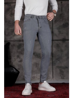 Modamesto Erkek Füme Slim Fit Likralı Dar Paça Lazerli Kot Pantolon