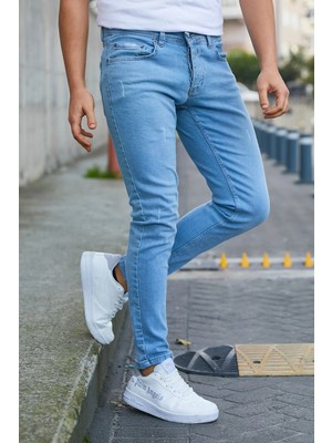 Modamesto Erkek Buz Mavi Slim Fit Likralı Dar Paça Lazerli Kot Pantolon