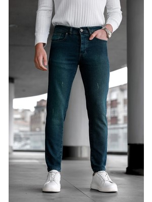 Modamesto Erkek Yeşil Slim Fit Likralı Dar Paça Lazerli Kot Pantolon