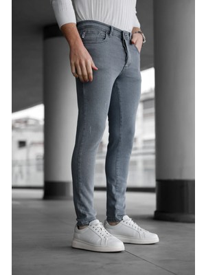 Modamesto Erkek Füme Slim Fit Likralı Dar Paça Lazerli Kot Pantolon