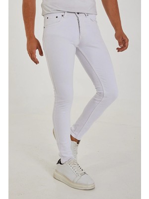 Modamesto Erkek Beyaz Slim Fit Likralı Dar Paça Kot Pantolon