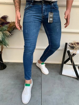 Modamesto Erkek Mavi Slim Fit Lazerli Likralı Jean Pantolon