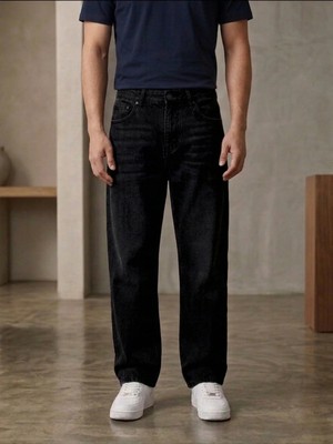 Modamesto Erkek Siyah Taşlamalı Baggy Fit Geniş Kesim Jean Pantolon