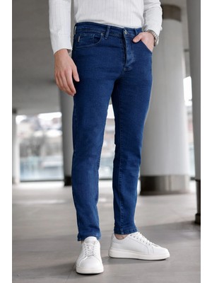 Modamesto Erkek Mavi Slim Fit Likralı Jean Pantolon