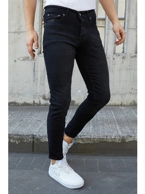 Modamesto Erkek Siyah Taşlamalı Slim Fit Likralı Jean Pantolon