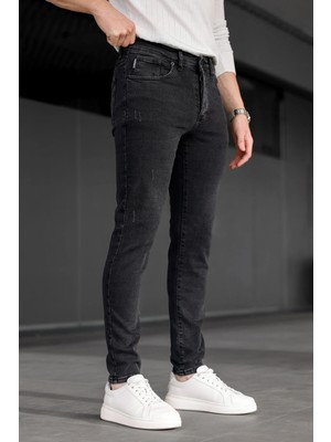 Modamesto Erkek Antrasit Slim Fit Likralı Dar Paça Lazerli Kot Pantolon