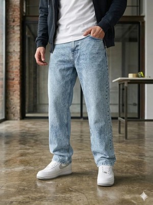 Modamesto Erkek Buz Mavi Baggy Fit Geniş Kesim Jean Pantolon