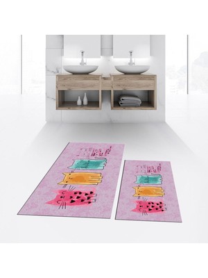 PremiumPort Yıkanabilir Dijital Baskılı Kaymaz Taban Ikili Banyo Paspas Takımı