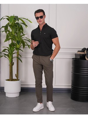 Modefendicom Pamuk Likra Slim Fit Kalıp Bebe Yaka Fermuarlı Tshirt