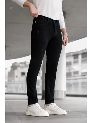 Modamesto Erkek Siyah Slim Fit Likralı Dar Paça Lazerli Kot Pantolon
