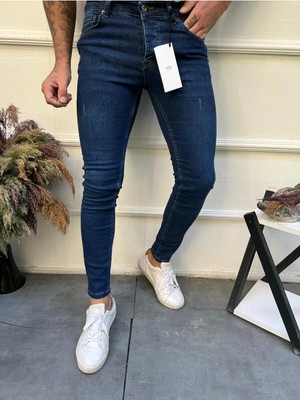 Modamesto Erkek Lacivert Slim Fit Lazerli Likralı Jean Pantolon