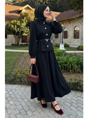inStyle Ince Kemerli Gömlek Etek Siyah Duble Takım