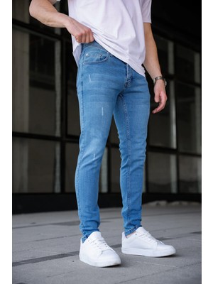 Modamesto Erkek Açık Mavi Slim Fit Likralı Dar Paça Lazerli Kot Pantolon