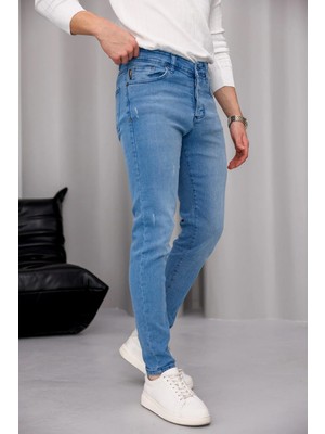 Modamesto Erkek Açık Mavi Slim Fit Likralı Dar Paça Lazerli Kot Pantolon