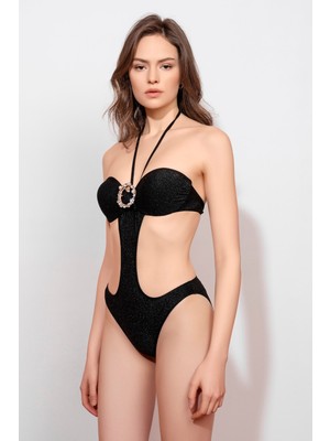 Lovekini Luna Black Cut-Out Swimsuit With Rose Gold Crystal Pearl Embellished Buckle