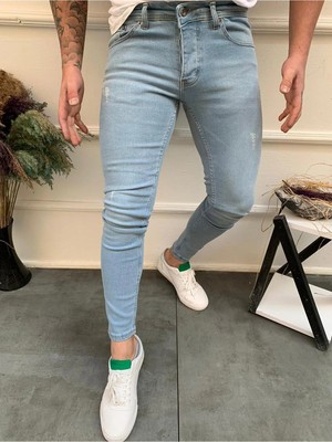Ser Joven Erkek Buz Mavi Slim Fit Lazerli Likralı Jean Pantolon