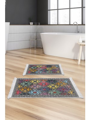 PremiumPort Kaymaz Taban Banyo Paspas Takımı Trend Saçaklı Renkli F5008