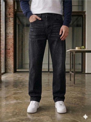 Modamesto Erkek Siyah Taşlamalı Baggy Fit Geniş Kesim Jean Pantolon