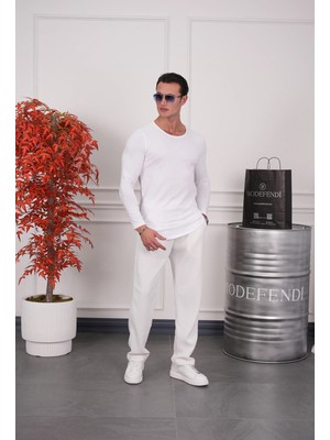 Modefendicom Slim Fit Oval Kesim Uzun Kollu Pamuk Basic Tshırt