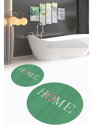 PremiumPort Yıkanabilir Dijital Baskılı Kaymaz Taban Yuvarlak Ikili Banyo Takımı