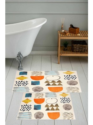 PremiumPort Modern Dijital Baskı Banyo Halısı Takımı 100X60+60X50 cm