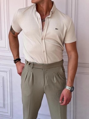 Modefendicom Pamuk Likra Gofre Kumaş Slim Fıt Kalıp Kısa Kollu Gömlek