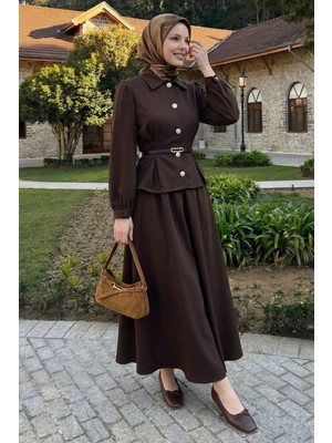 inStyle Ince Kemerli Gömlek Etek Acı Kahve Duble Takım