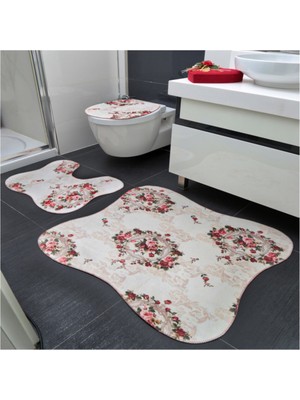 PremiumPort Gül Desenli Beyaz 3'lü Banyo Paspası Seti, Özel Ölçüler