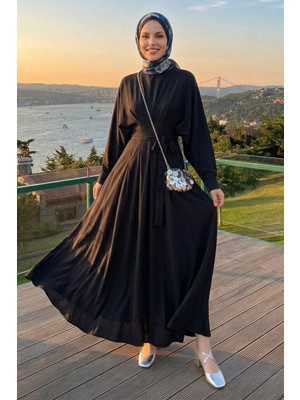 inStyle Yarasa Kol Kuşaklı Siyah Elbise