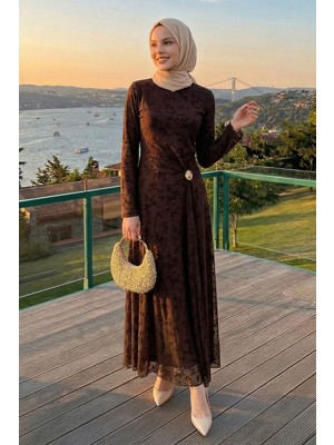 inStyle Belden Tokalı Flok Tül Elbise Acı Kahve