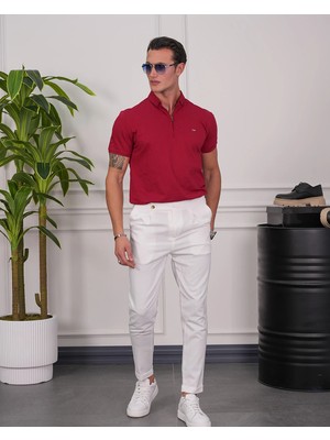 Modefendicom Pamuk Likra Slim Fit Kalıp Bebe Yaka Fermuarlı Tshirt