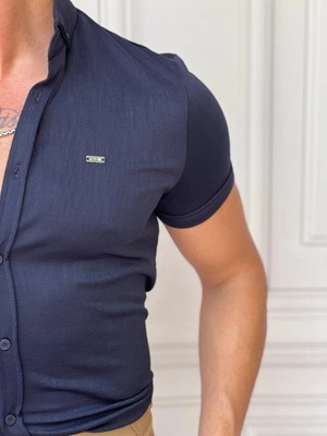 Modefendicom Pamuk Likra Gofre Kumaş Slim Fıt Kalıp Kısa Kollu Gömlek