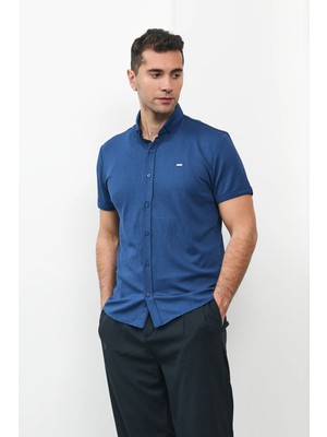 Modefendicom Pamuk Likra Gofre Kumaş Slim Fıt Kalıp Kısa Kollu Gömlek