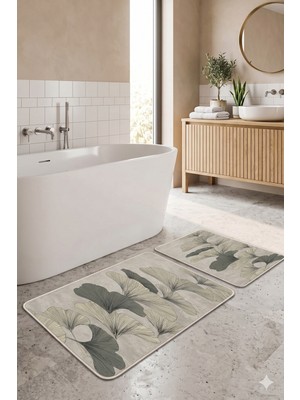 PremiumPort 2’li Banyo Paspas Takımı, Ginkgo Yaprak Desenli, Kaymaz Taban, 40X60 ve 60X100