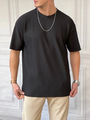 Modefendicom Fitil Desen Bisiklet Yaka Oversıze T-Shirt