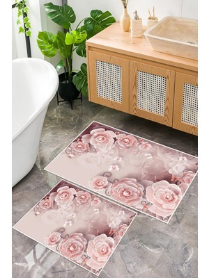 PremiumPort Pembe Gül Desenli Dijital Baskı Kaymaz Taban Banyo Paspası 2'li Set