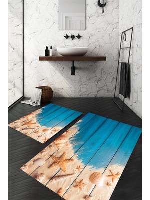 PremiumPort Deniz Kabuğu Desenli Yıkanabilir Kaymaz Taban Banyo Paspas Seti (2'li)