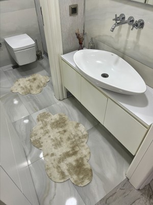 PremiumPort 2'li Bulut Modeli Banyo Paspası Bej Kırçıllı Peluş Seti