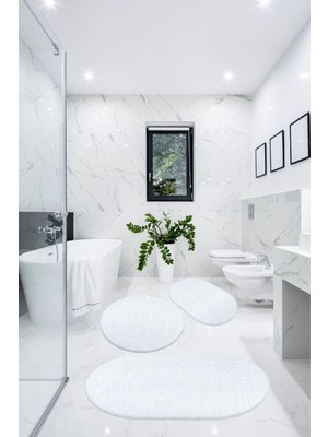 PremiumPort Yumuşak 3'lü Banyo Halısı Seti, Oval Peluş Klozet Takımı, Beyaz