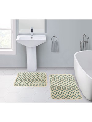 PremiumPort Yıkanabilir %100 Pamuk Klozet Takımı, Krem ve Mavi Geometrik Desen