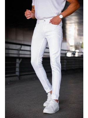 Modamesto Erkek Beyaz Slim Fit Likralı Jean Pantolon