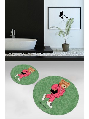 PremiumPort Yıkanabilir Dijital Baskılı Kaymaz Taban Yuvarlak Banyo Takımı (Ikili)