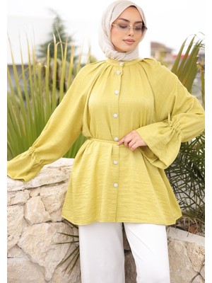 İmaj Butik Yağ Yeşili Kol ve Bel Bağlamalı Düğmeli Tunik
