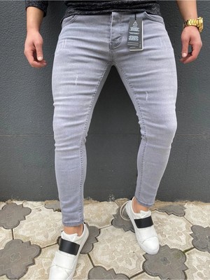 Modamesto Erkek Füme Slim Fit Lazerli Likralı Jean Pantolon