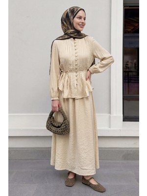 inStyle Nervür Detay Düğmeli Bej Takım