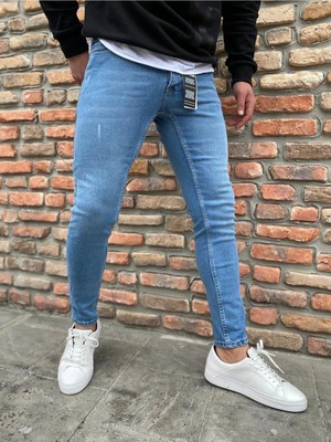 Modamesto Erkek Açık Mavi Slim Fit Lazerli Likralı Jean Pantolon