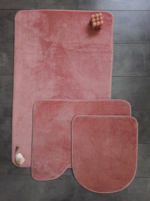 PremiumPort Ultrasoft Pembe 3’lü Banyo Halısı Seti, Kaymaz ve Makinede Yıkanabilir
